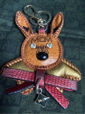 MCM Leather Bunny Key Charm in Brown, Gold & Red